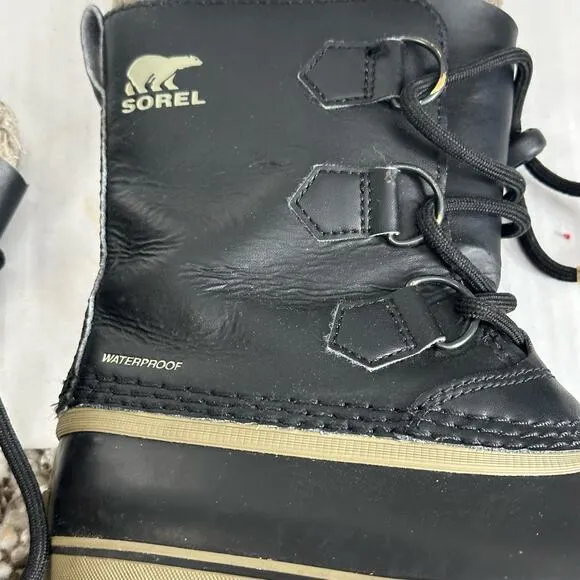 Sorel Yoot Pac Youth Black Leather Winter Snow Boots Size 1 Boys Little Big Kid