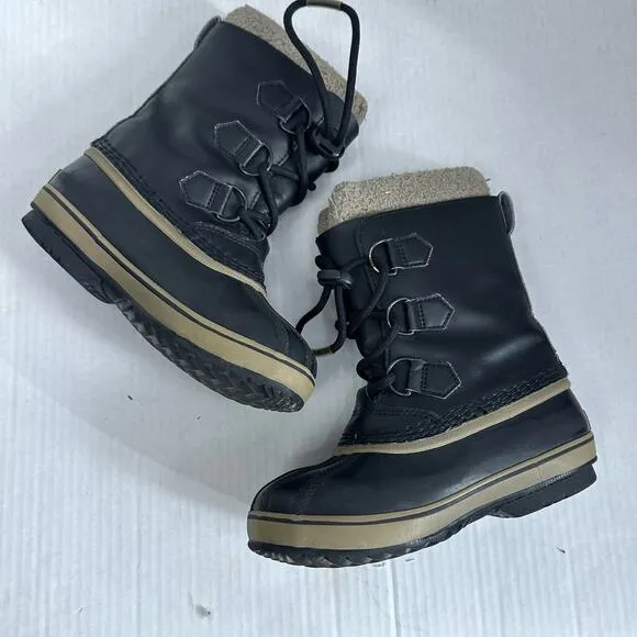 Sorel Yoot Pac Youth Black Leather Winter Snow Boots Size 1 Boys Little Big Kid