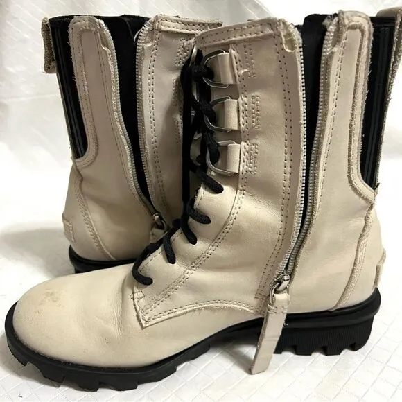 Sorel Phoenix Leather Lace Up Combat Boot in Fawn White Waterproof Gorpcore 6.5