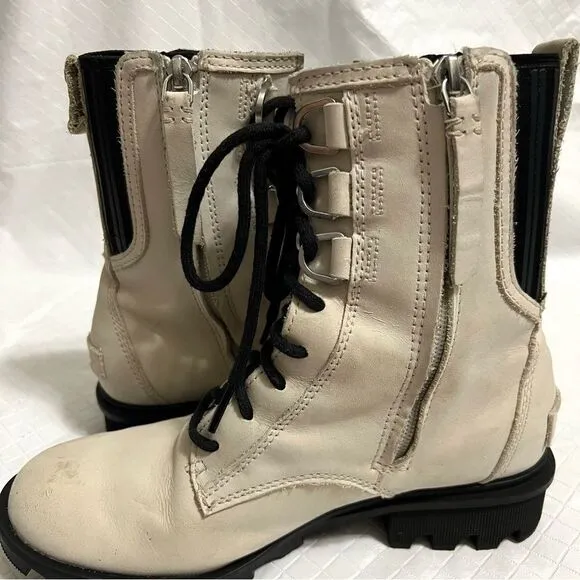Sorel Phoenix Leather Lace Up Combat Boot in Fawn White Waterproof Gorpcore 6.5