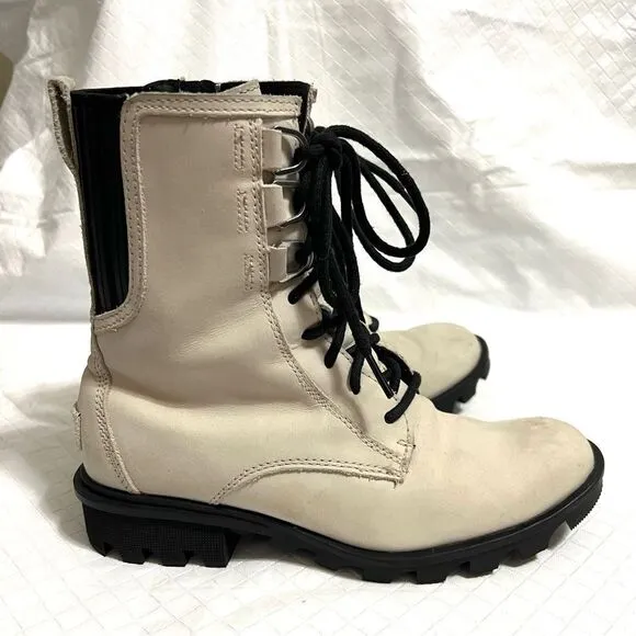 Sorel Phoenix Leather Lace Up Combat Boot in Fawn White Waterproof Gorpcore 6.5