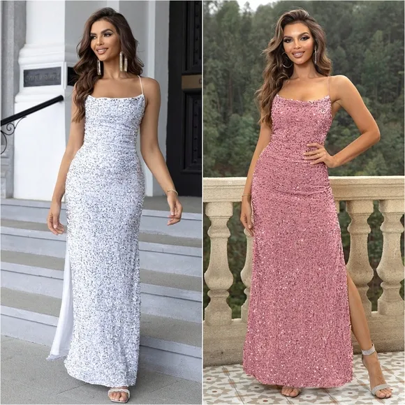 Starlight Sequin Backless Dress - Wine
