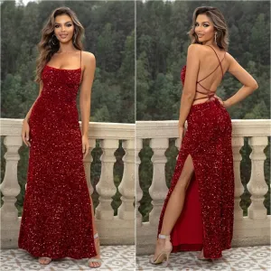 Starlight Sequin Backless Dress - Wine