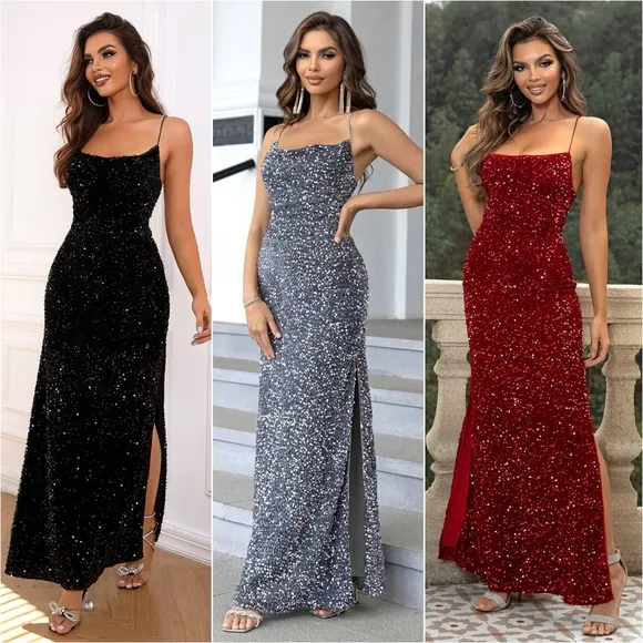 Starlight Sequin Backless Dress - Wine