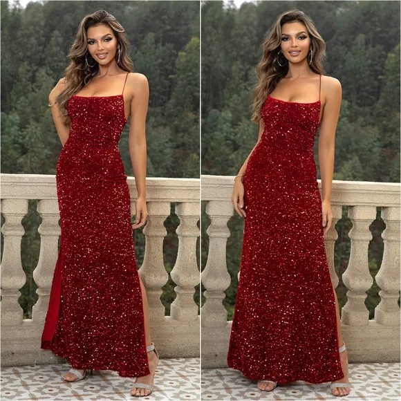 Starlight Sequin Backless Dress - Wine