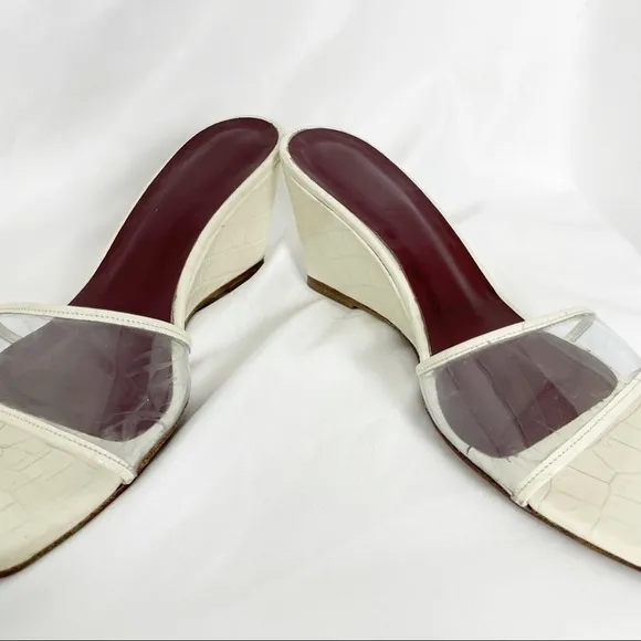 Staud Billie Croc Effect Square Toe PVC Leather Wedge Sandals Cream White Casual