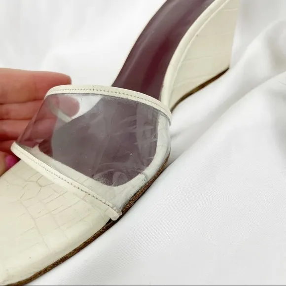 Staud Billie Croc Effect Square Toe PVC Leather Wedge Sandals Cream White Casual