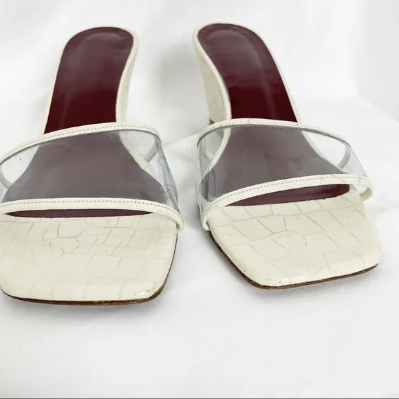 Staud Billie Croc Effect Square Toe PVC Leather Wedge Sandals Cream White Casual