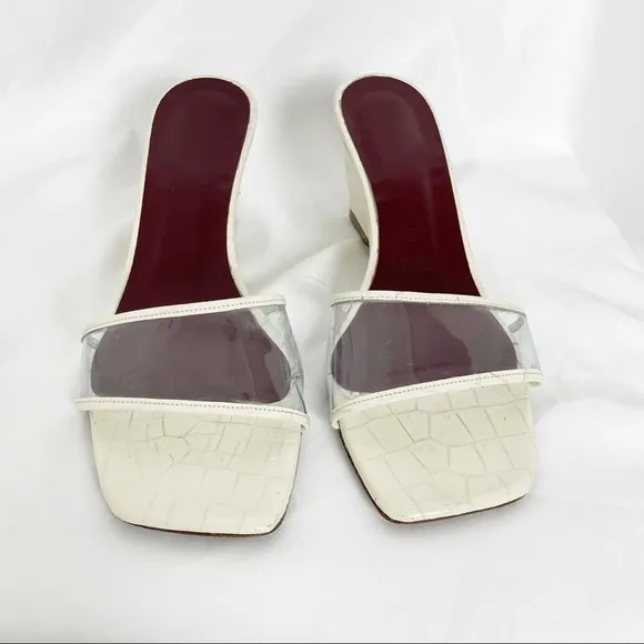 Staud Billie Croc Effect Square Toe PVC Leather Wedge Sandals Cream White Casual