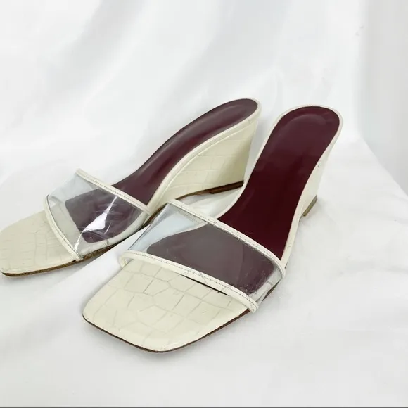 Staud Billie Croc Effect Square Toe PVC Leather Wedge Sandals Cream White Casual