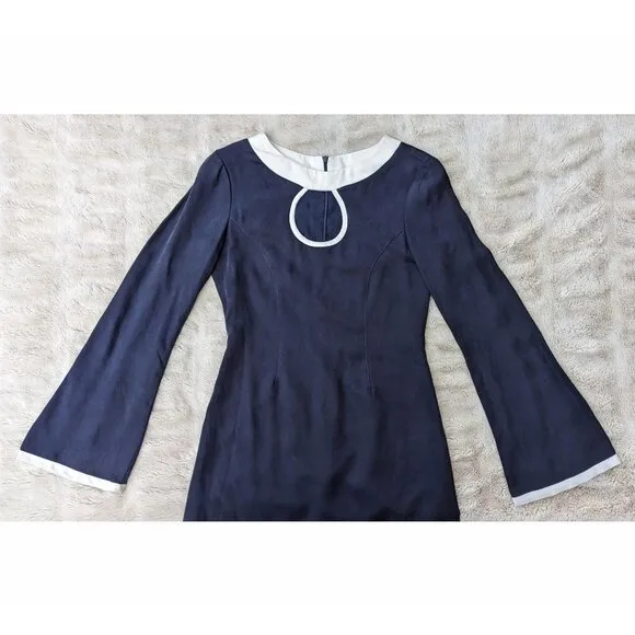 STAUD Mod Navy &amp; Off White Key Hole Bell Sleeve 60s Vibe Mini Dress, Sz. 4/6