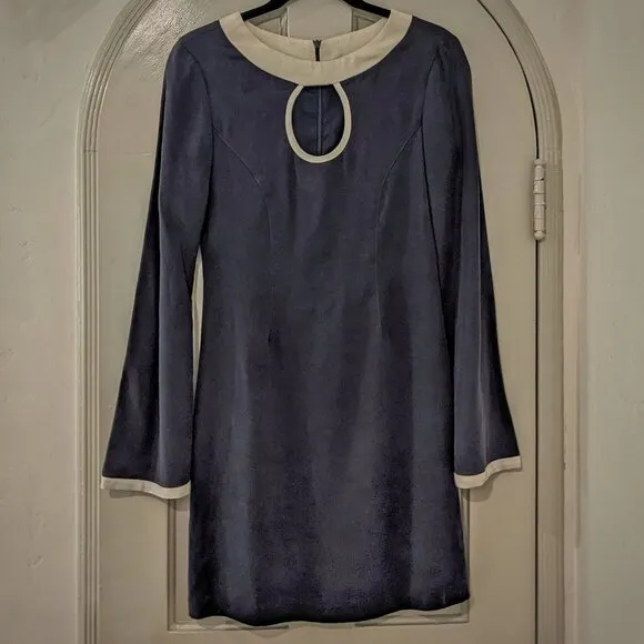 STAUD Mod Navy &amp; Off White Key Hole Bell Sleeve 60s Vibe Mini Dress, Sz. 4/6