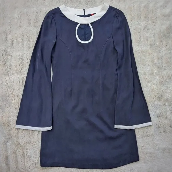 STAUD Mod Navy &amp; Off White Key Hole Bell Sleeve 60s Vibe Mini Dress, Sz. 4/6