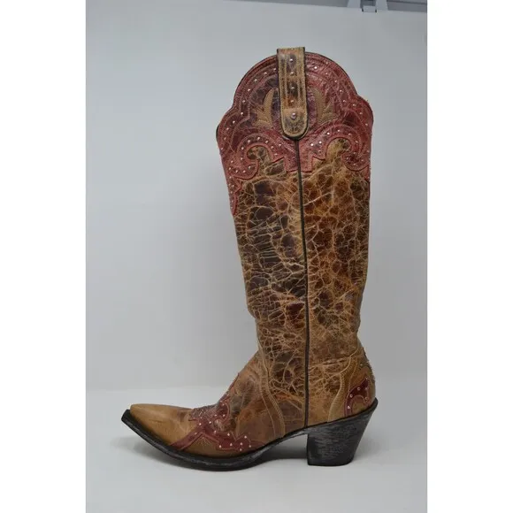 Sterling River Cowboy Boots Women's 7 B Brown Red SR250 Snip Toe Studded Cowgirl