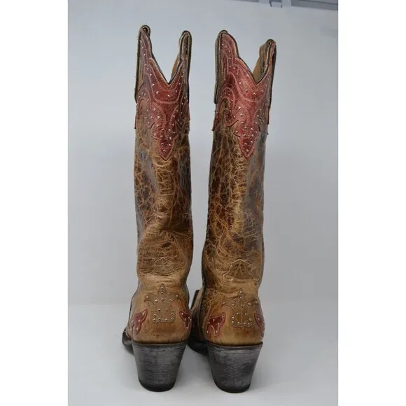 Sterling River Cowboy Boots Women's 7 B Brown Red SR250 Snip Toe Studded Cowgirl