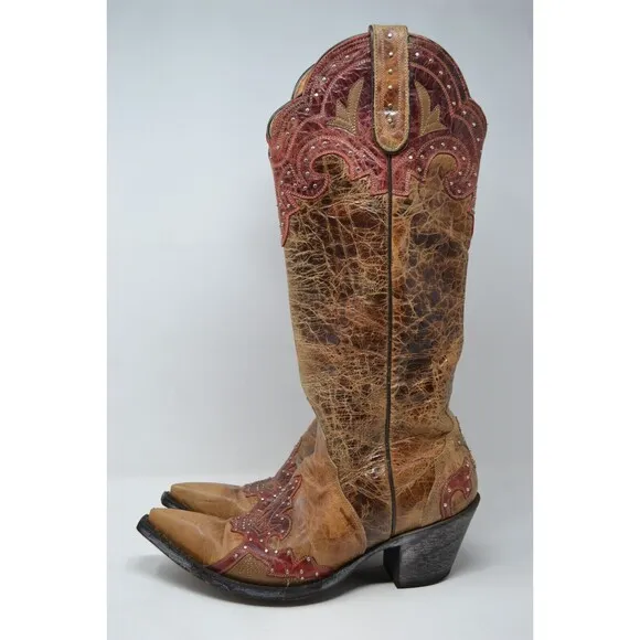 Sterling River Cowboy Boots Women's 7 B Brown Red SR250 Snip Toe Studded Cowgirl