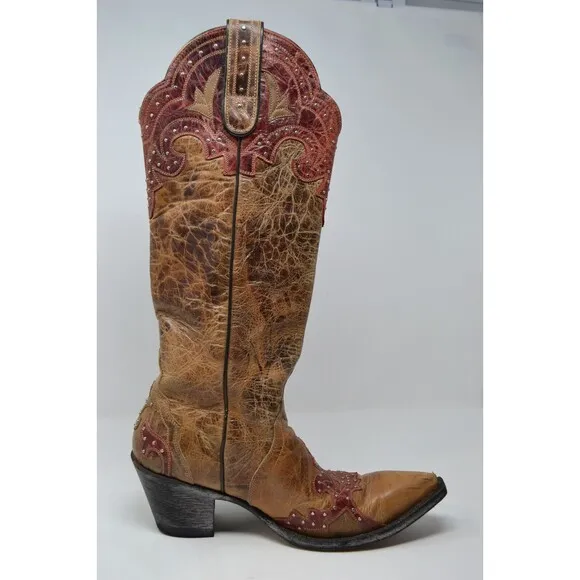 Sterling River Cowboy Boots Women's 7 B Brown Red SR250 Snip Toe Studded Cowgirl