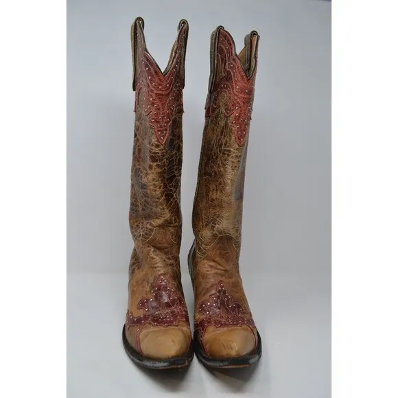 Sterling River Cowboy Boots Women's 7 B Brown Red SR250 Snip Toe Studded Cowgirl