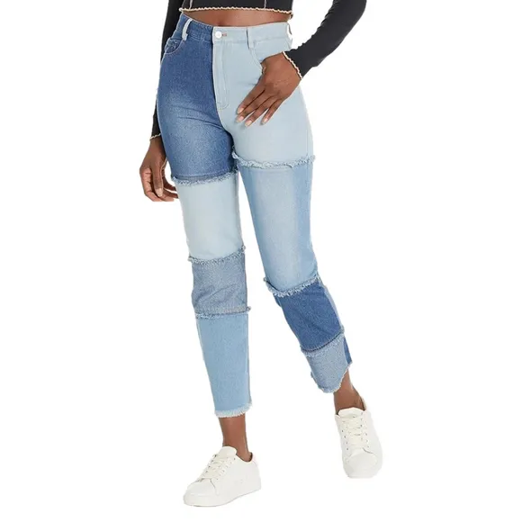 Steve Madden Kylie Patchwork Jeans NEW high waist straight raw hem size 29
