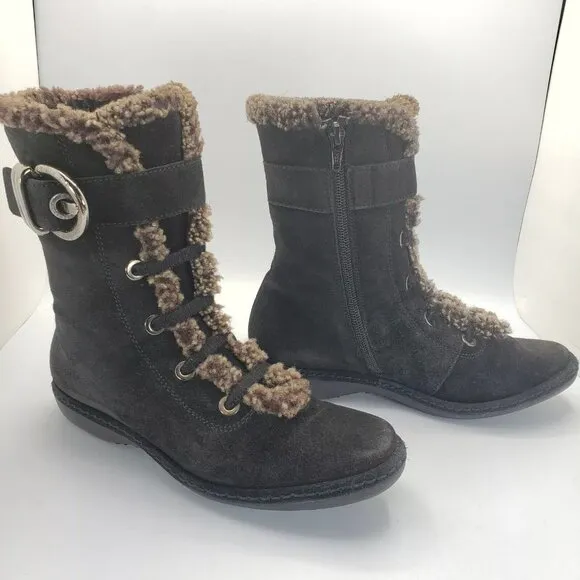 Stuart Weitzman ankle lace up faux shearling fur fleece Suede winter boots 6