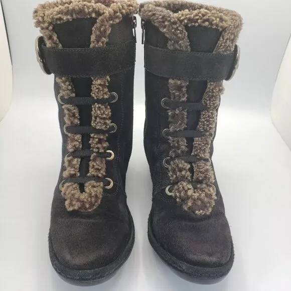 Stuart Weitzman ankle lace up faux shearling fur fleece Suede winter boots 6