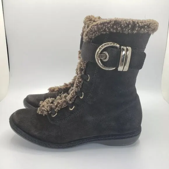 Stuart Weitzman ankle lace up faux shearling fur fleece Suede winter boots 6