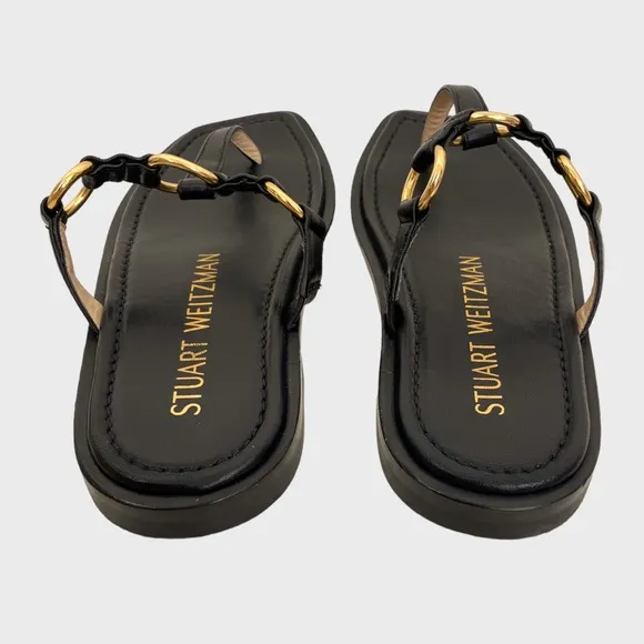 Stuart Weitzman Black Leather Gold Ring Thong Sandals Size 7