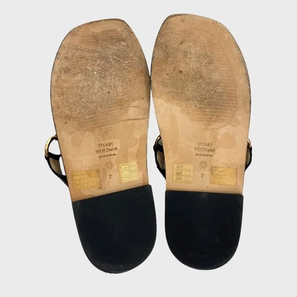 Stuart Weitzman Black Leather Gold Ring Thong Sandals Size 7