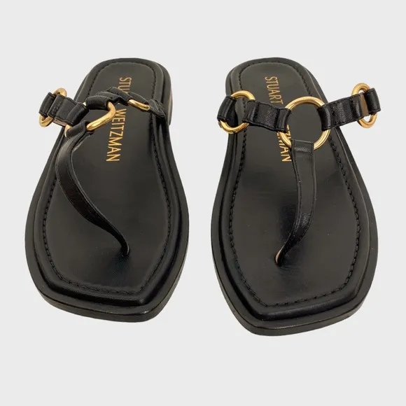 Stuart Weitzman Black Leather Gold Ring Thong Sandals Size 7