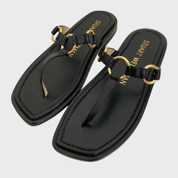 Stuart Weitzman Black Leather Gold Ring Thong Sandals Size 7
