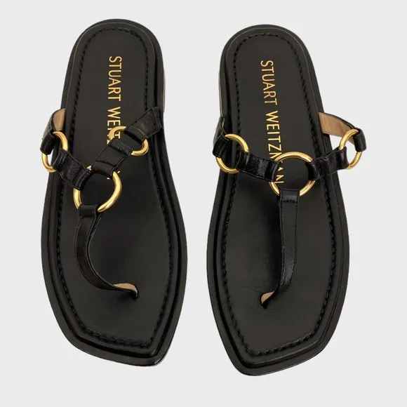 Stuart Weitzman Black Leather Gold Ring Thong Sandals Size 7