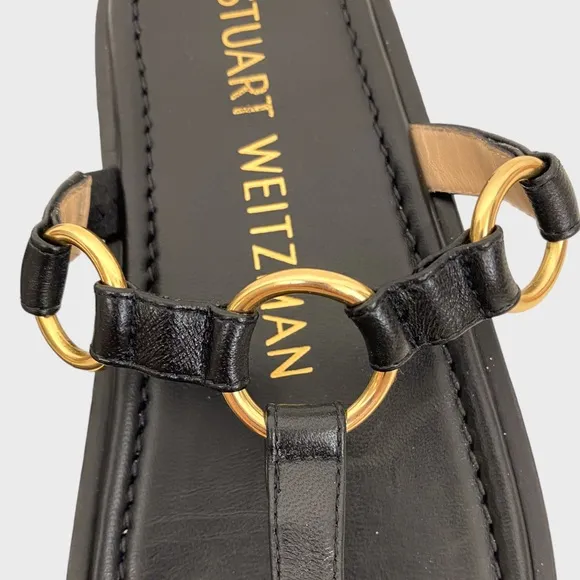 Stuart Weitzman Black Leather Gold Ring Thong Sandals Size 7
