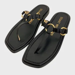 Stuart Weitzman Black Leather Gold Ring Thong Sandals Size 7