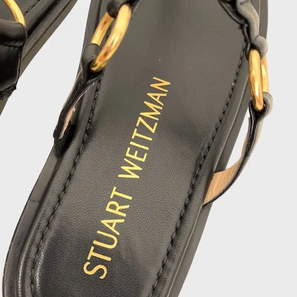Stuart Weitzman Black Leather Gold Ring Thong Sandals Size 7