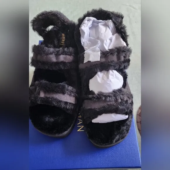 Stuart WEITZMAN Furry Black Sandals Eu Sz E7 / US 7