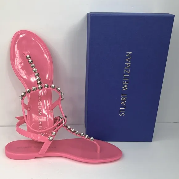 STUART WEITZMAN JELLY SANDALS, PINK COLOR, RUBBER, GOLDIE PEARL CRYSTALS, SOZE 9