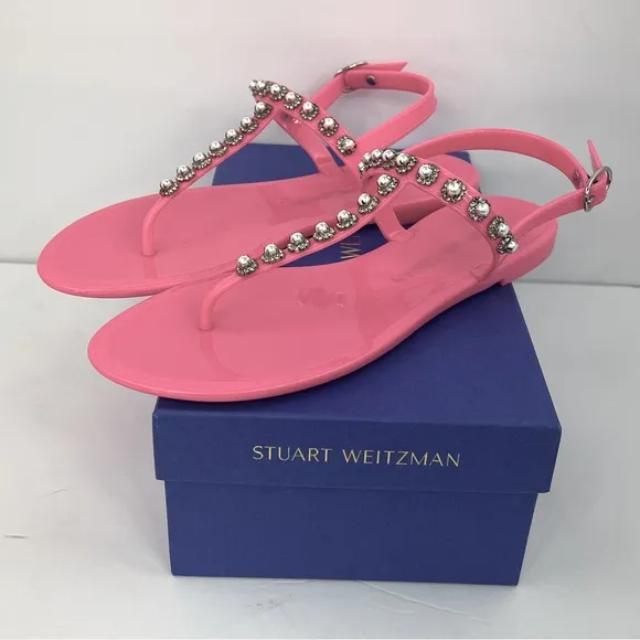 STUART WEITZMAN JELLY SANDALS, PINK COLOR, RUBBER, GOLDIE PEARL CRYSTALS, SOZE 9