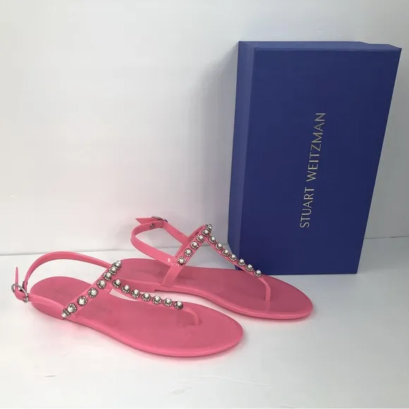 STUART WEITZMAN JELLY SANDALS, PINK COLOR, RUBBER, GOLDIE PEARL CRYSTALS, SOZE 9