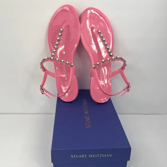 STUART WEITZMAN JELLY SANDALS, PINK COLOR, RUBBER, GOLDIE PEARL CRYSTALS, SOZE 9