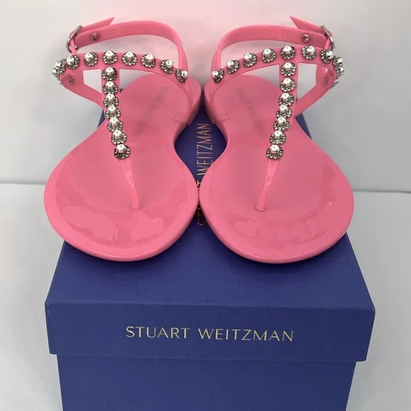 STUART WEITZMAN JELLY SANDALS, PINK COLOR, RUBBER, GOLDIE PEARL CRYSTALS, SOZE 9