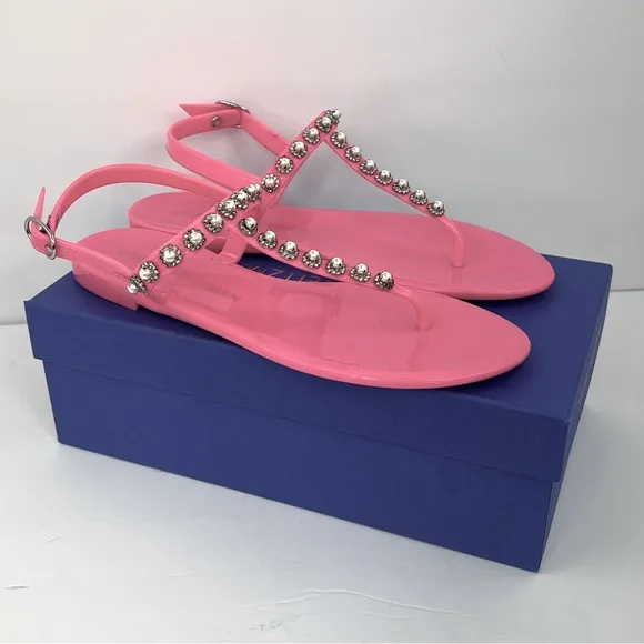 STUART WEITZMAN JELLY SANDALS, PINK COLOR, RUBBER, GOLDIE PEARL CRYSTALS, SOZE 9