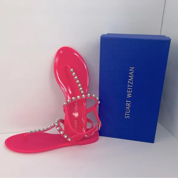 STUART WEITZMAN JELLY SANDALS, PINK COLOR, RUBBER, GOLDIE PEARL CRYSTALS, SOZE 9