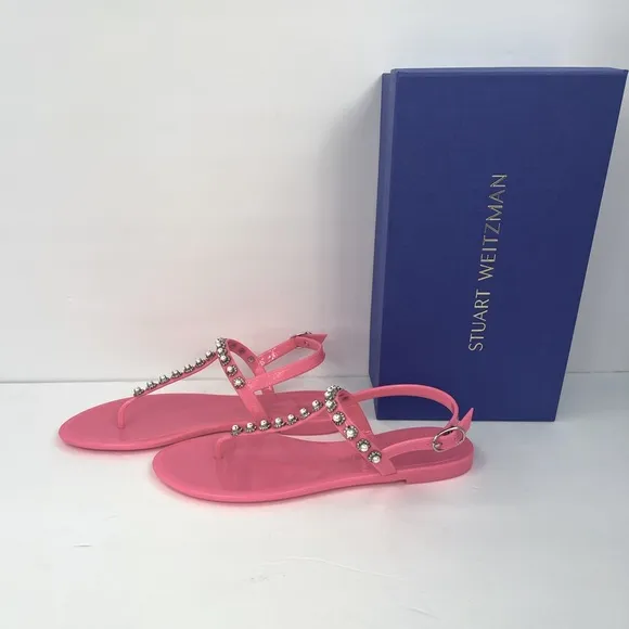 STUART WEITZMAN JELLY SANDALS, PINK COLOR, RUBBER, GOLDIE PEARL CRYSTALS, SOZE 9