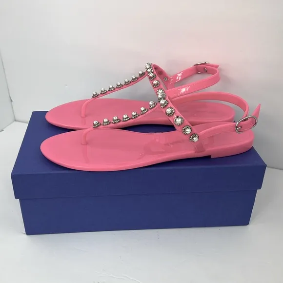 STUART WEITZMAN JELLY SANDALS, PINK COLOR, RUBBER, GOLDIE PEARL CRYSTALS, SOZE 9