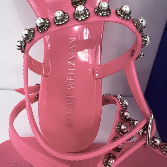 STUART WEITZMAN JELLY SANDALS, PINK COLOR, RUBBER, GOLDIE PEARL CRYSTALS, SOZE 9