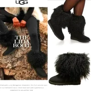 💥STUNNING💥UGG Luxurious Mongolian Curly Lamb Fur &amp; Suede LIDA Boots Black