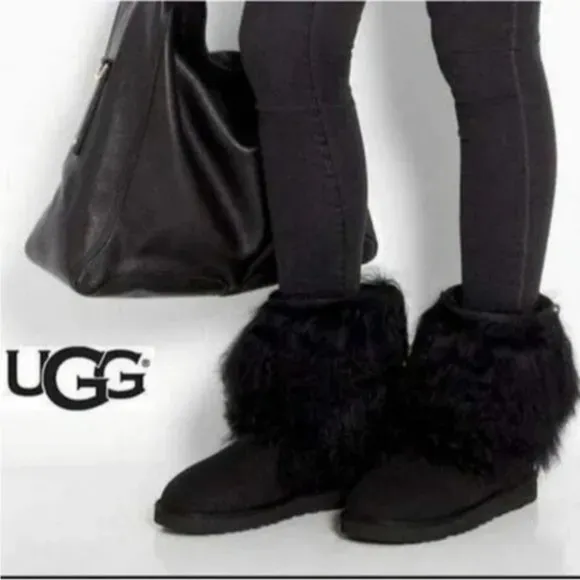 💥STUNNING💥UGG Luxurious Mongolian Curly Lamb Fur &amp; Suede LIDA Boots Black