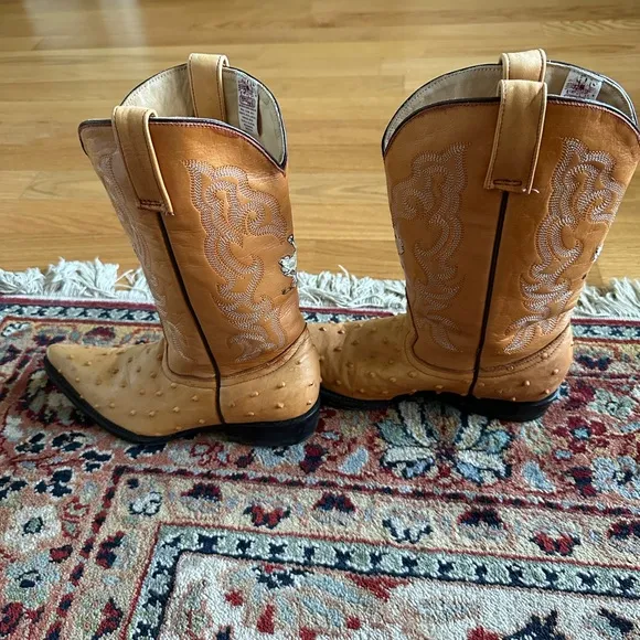 Tan Ostrich Leather Cowboy Boots with Decorative Stitching Made in Mexico