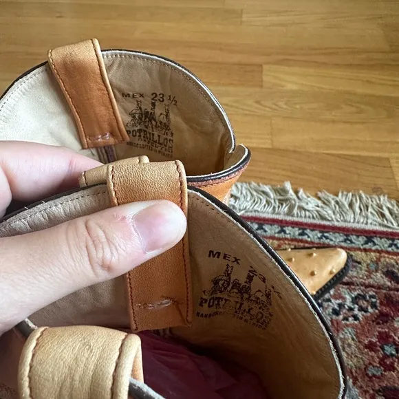Tan Ostrich Leather Cowboy Boots with Decorative Stitching Made in Mexico