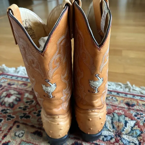 Tan Ostrich Leather Cowboy Boots with Decorative Stitching Made in Mexico